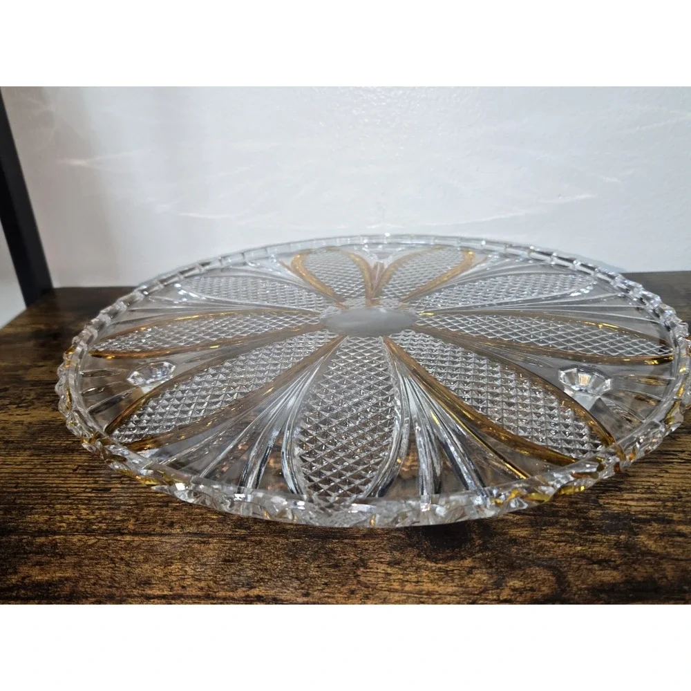 Bohemian Crystal Diamond Cut Footed Cake Plate Orange & Clear‎ Vintage